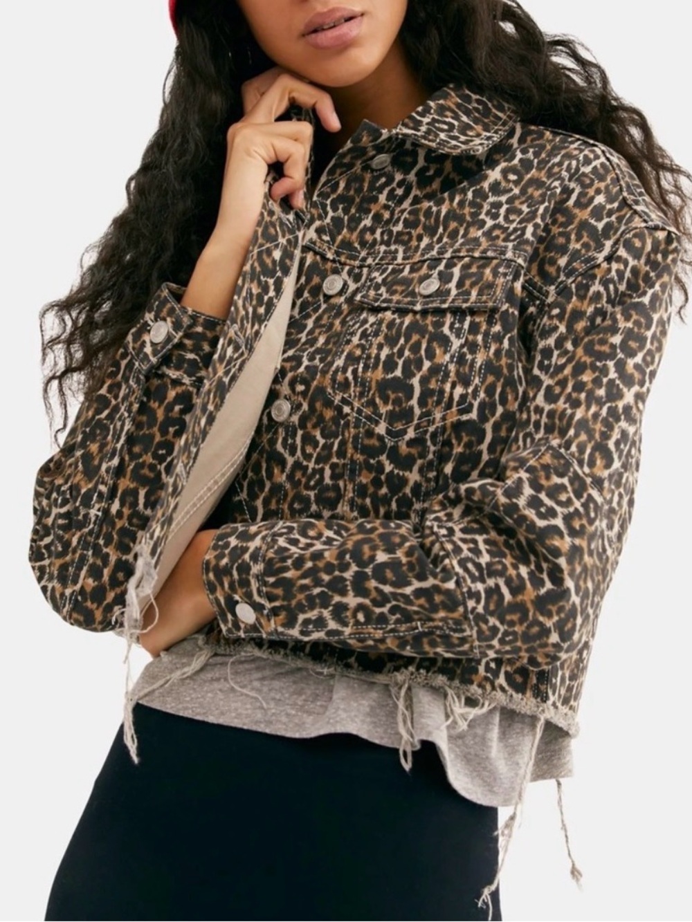 Free People Cheetah Animal Print Cropped Frayed Boho Denim Jacket - Size Medium